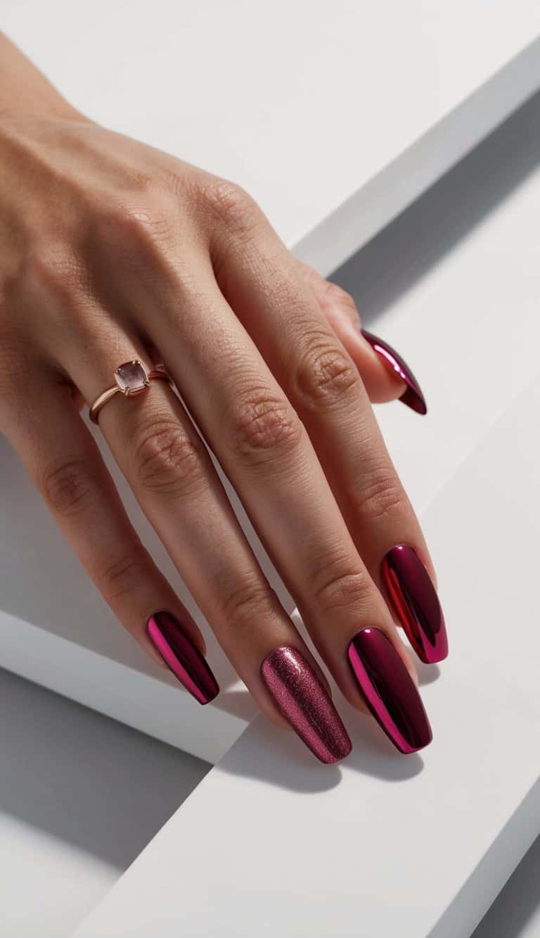 A set of 50 cranberry metallic fade red chrome nail art designs displayed on a sleek, minimalist background