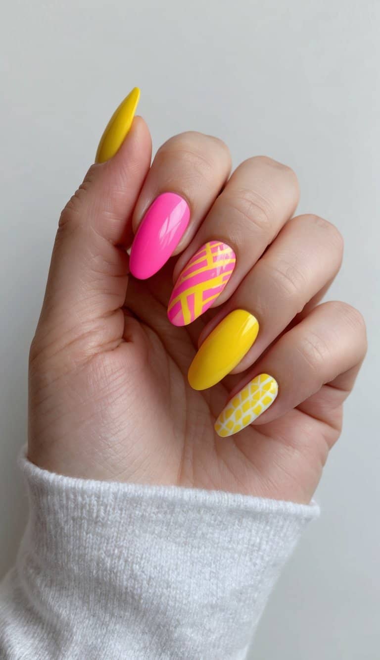 Bright pink and yellow nail art designs on display, with various patterns and styles