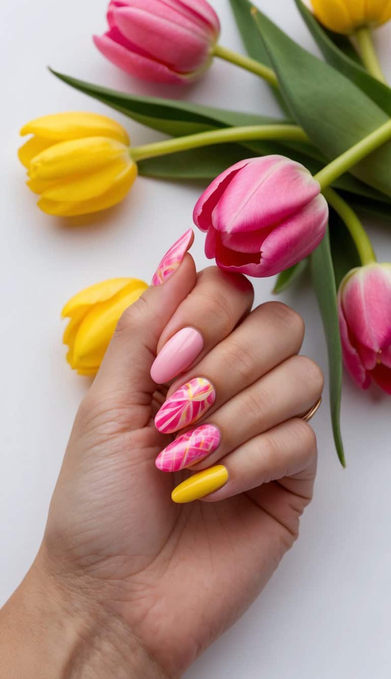 A pink tulip whirls amidst a vibrant display of pink and yellow nail art designs