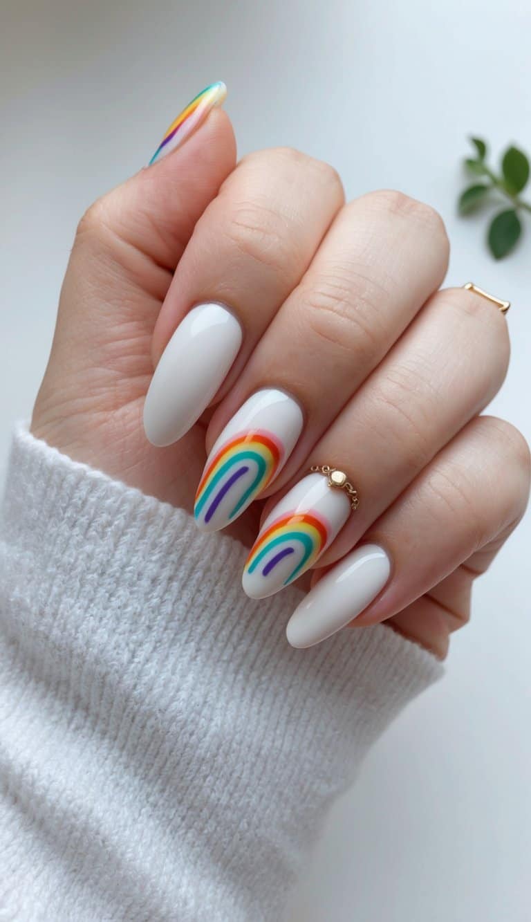 A delicate rainbow swirl design adorns a set of elegant nails, perfect for Mother's Day