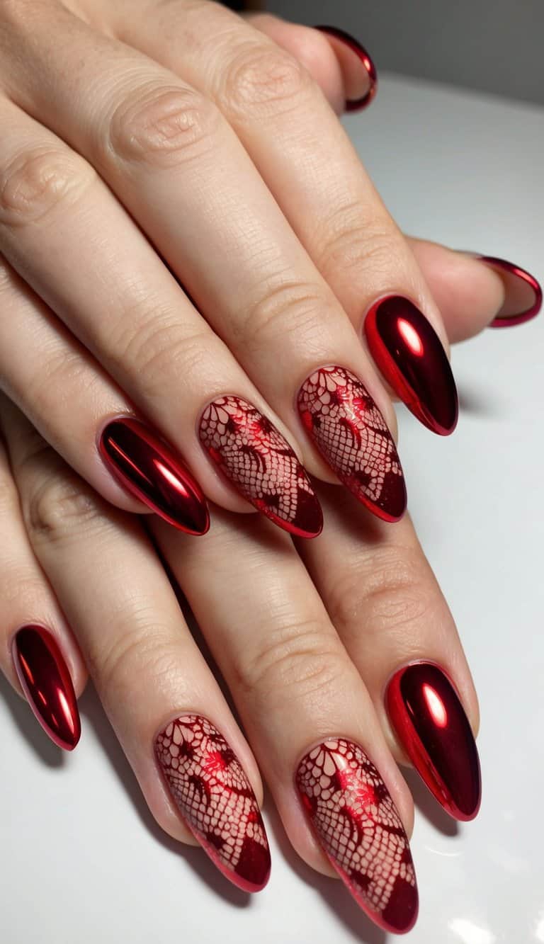 A close-up of red chrome nail art with intricate lace patterns on fire red nails
