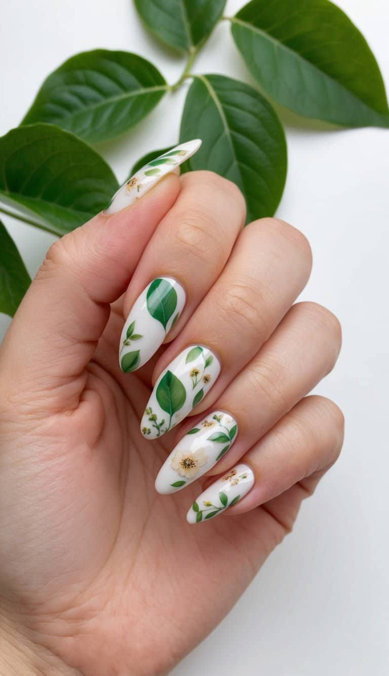 Lush green leaves and delicate floral patterns adorn a set of elegant nails, capturing the essence of Mother's Day in a soft and beautiful design