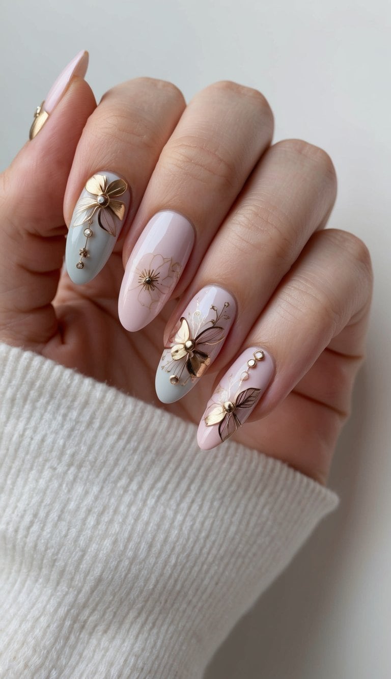 A soft, pastel-colored manicure adorned with metallic accents, delicate flowers, and elegant designs, perfect for Mother's Day