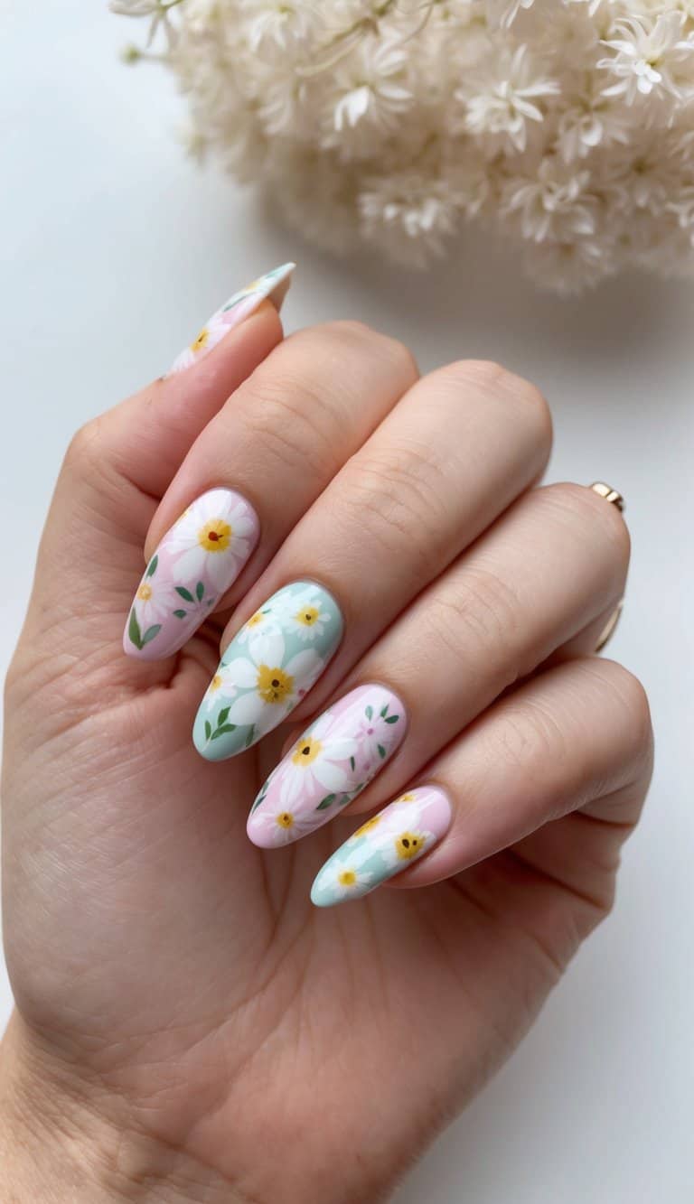 Delicate floral patterns in pastel colors on chic French tips for Mother's Day nail art
