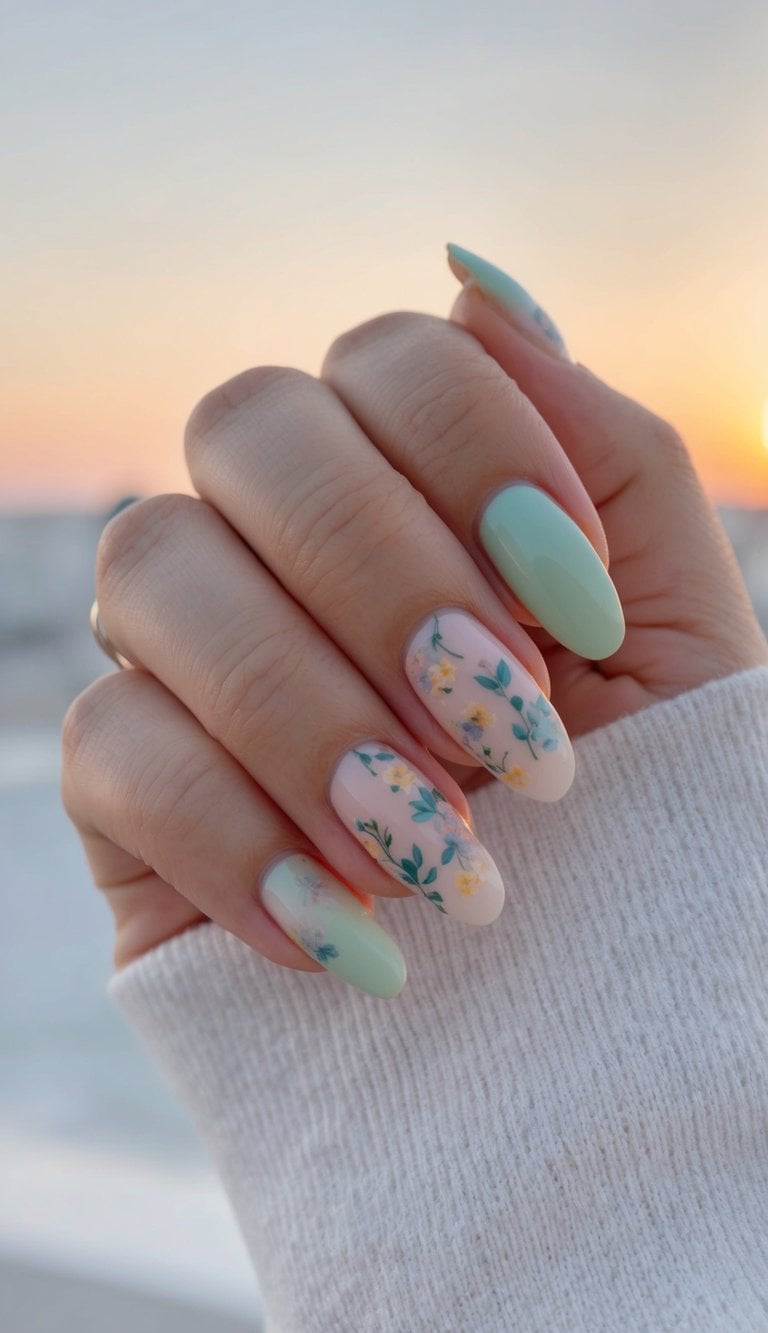 Soft, pastel-colored nails with delicate floral designs set against a sunset backdrop