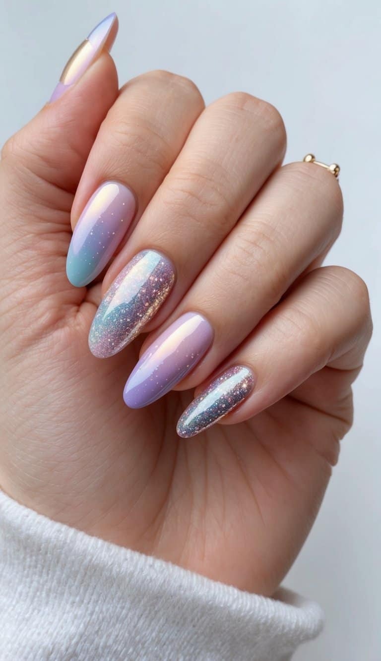 A sparkling galaxy of pastel and glitter nail art designs, inspired by Mother's Day