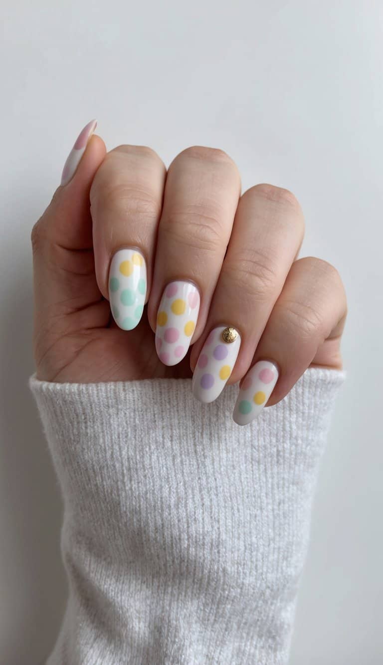 A manicured hand with soft and elegant Mother's Day nail art, featuring colorful dots in various pastel hues