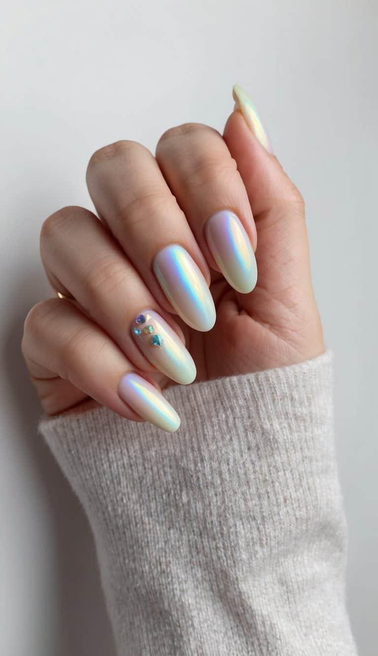 Soft pastel colors blend on nails, accented with iridescent sheen