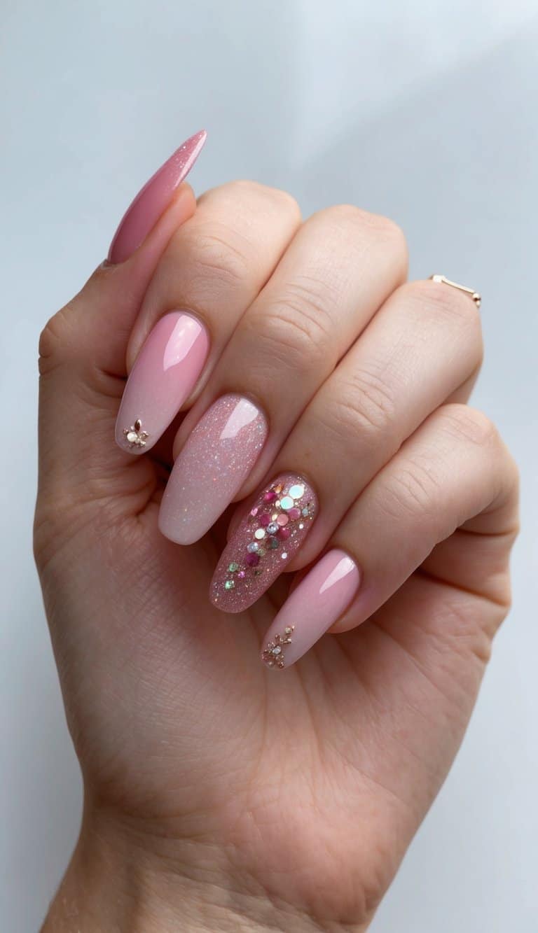 A sparkling rose ombre nail design with soft gradient shades of pink, adorned with glittery accents