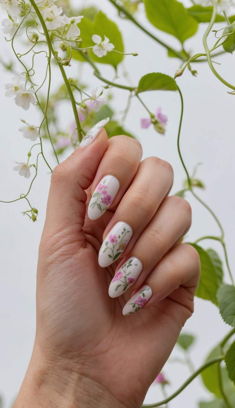 A serene garden with blooming flowers and delicate vines, creating a soft and elegant atmosphere for Mother's Day nail art inspiration