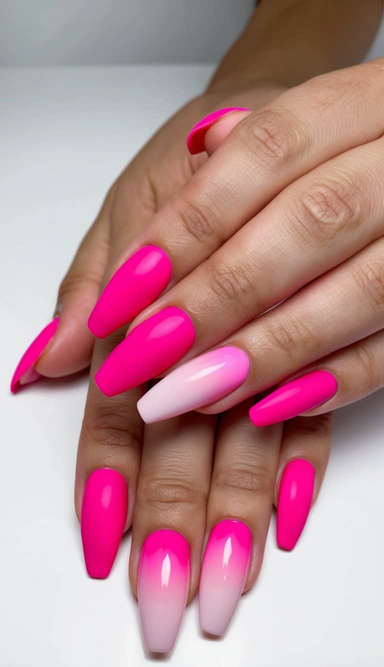 A set of hot pink ombre nails, with soft gradient transitions
