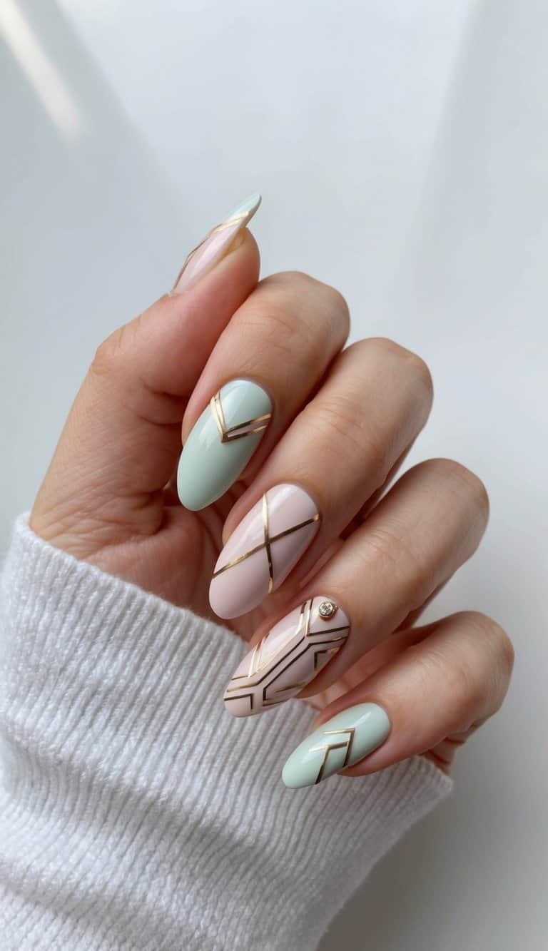 A luxurious Art Deco-inspired nail design featuring soft pastel colors and elegant geometric patterns