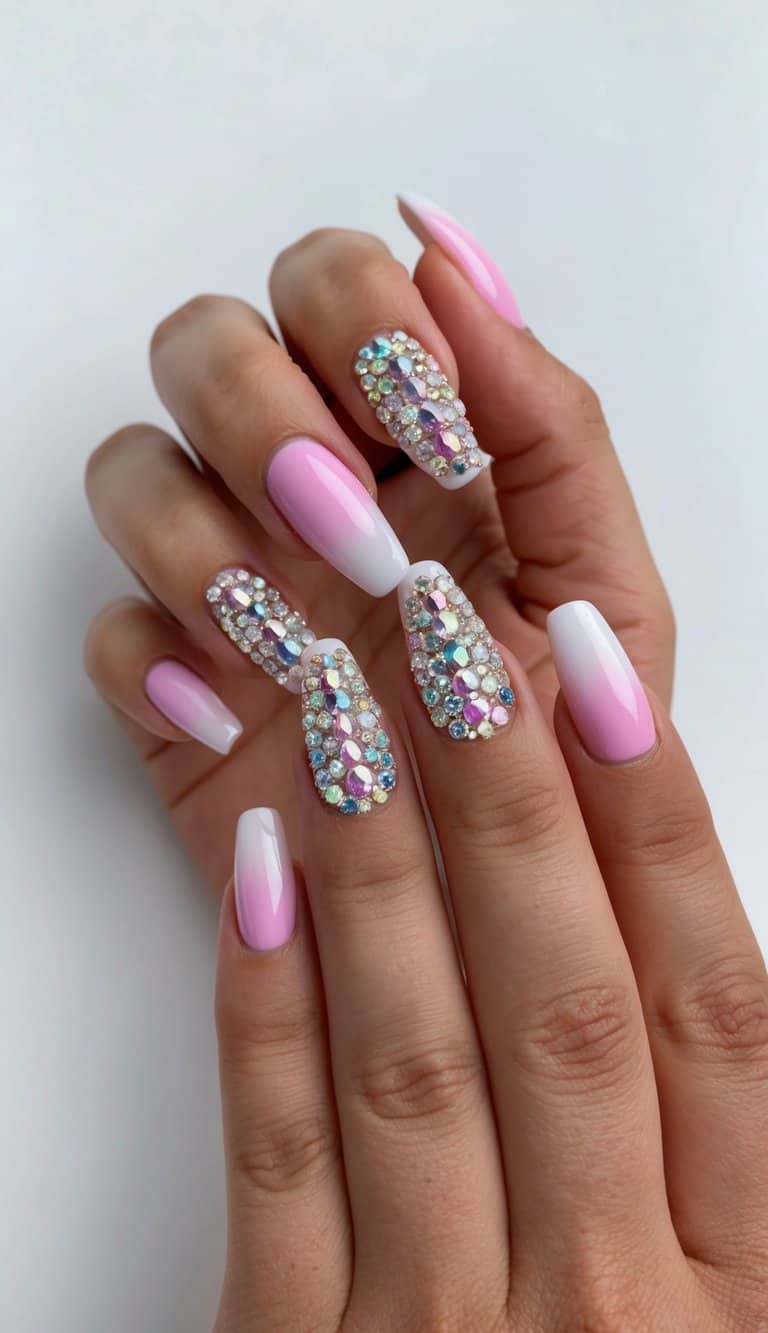 A set of pink ombre nails adorned with sparkling rhinestones