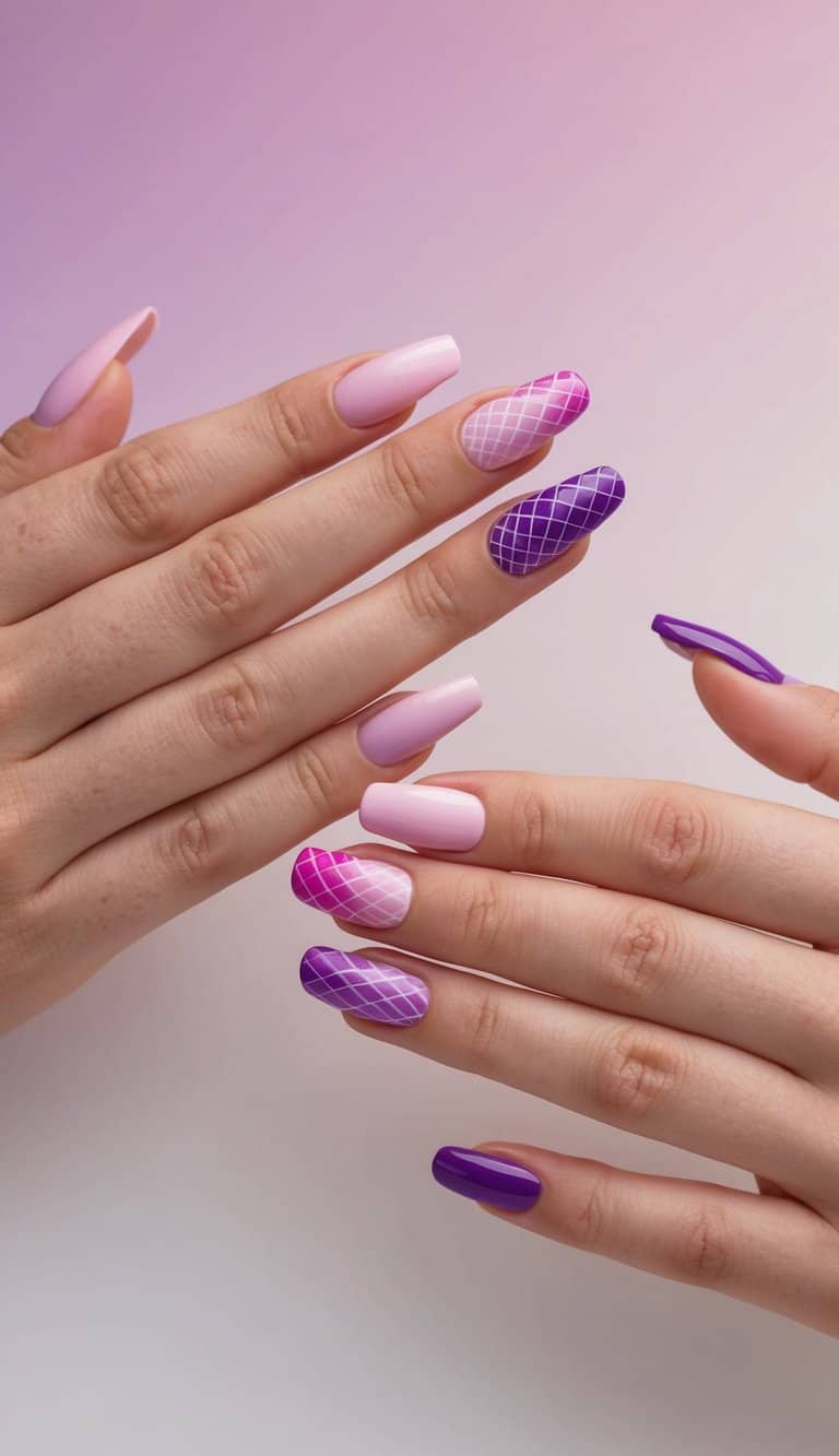 A set of 50 pink to purple ombre nail art designs displayed on a soft gradient background