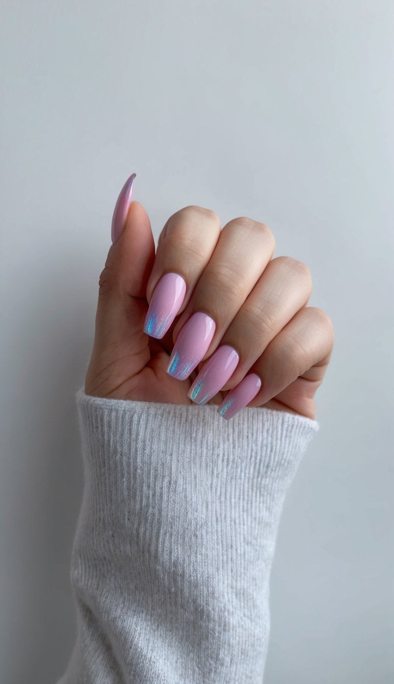 A set of pink ombre nails with holographic tips displayed on a clean, modern surface