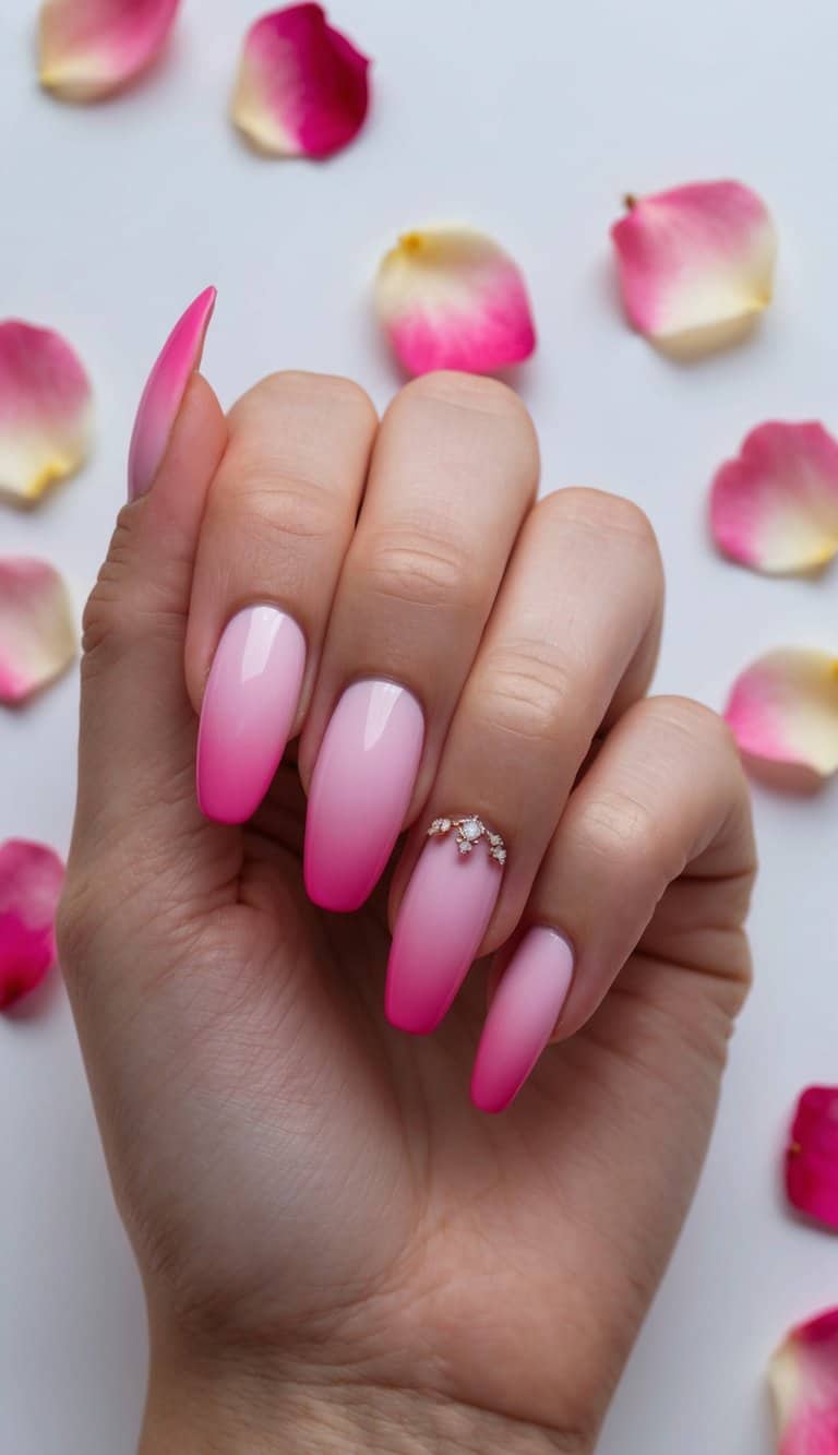 A close-up of pink ombre nails with delicate rose petals scattered around, creating a romantic and dreamy atmosphere