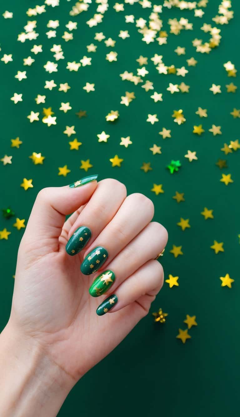 A field of celestial gold stars against a green backdrop, with St. Patrick's Day themed nail art designs scattered throughout