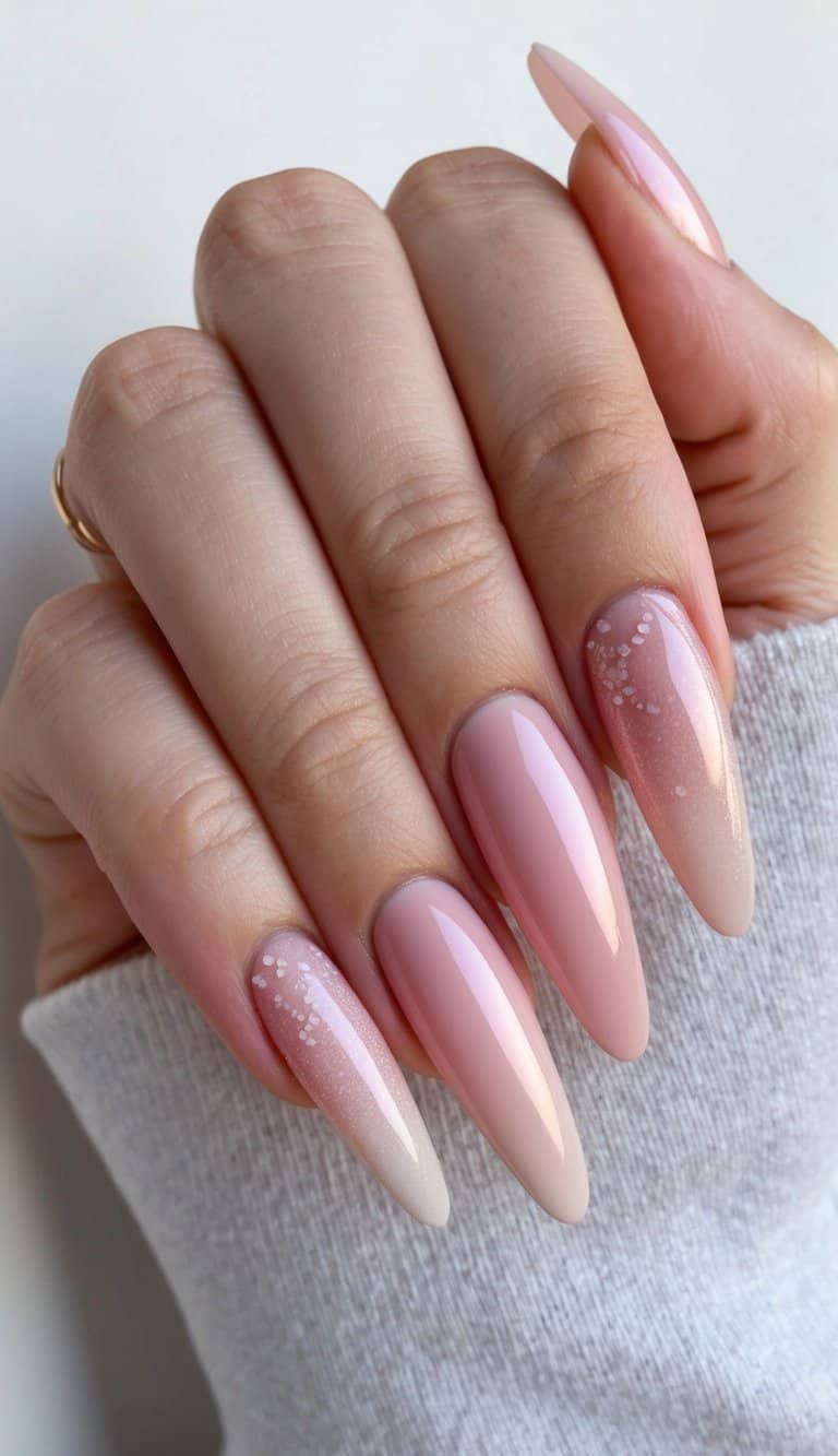 A soft pink champagne ombre nail art design with gradient shades of pink, featuring delicate and dreamy patterns