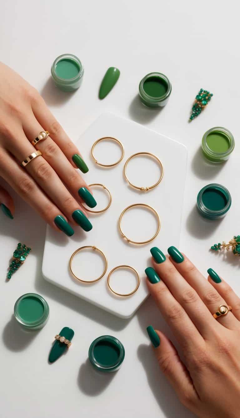 A collection of minimalist gold bands arranged on a clean, white surface, surrounded by various shades of green nail polish and small decorative elements