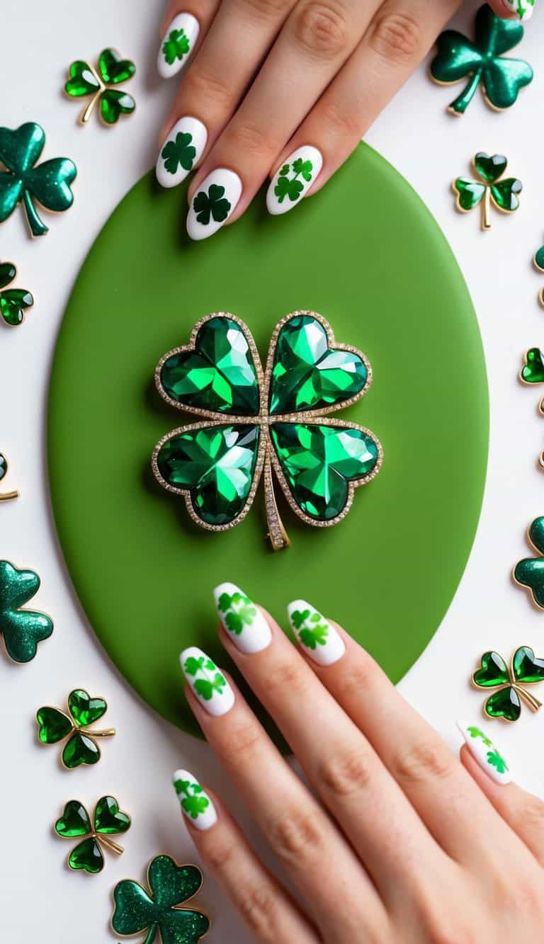 A close-up of four-leaf clover gems arranged on a green background, surrounded by various St. Patrick's Day themed nail art designs