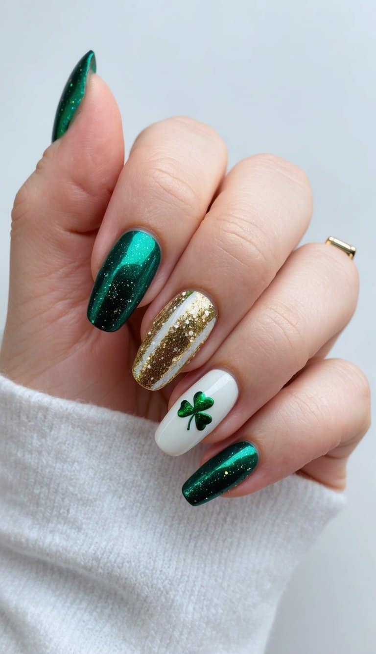 A glittery rainbow of green, gold, and white nail polish fades across 50 St. Patrick's Day themed nail art designs