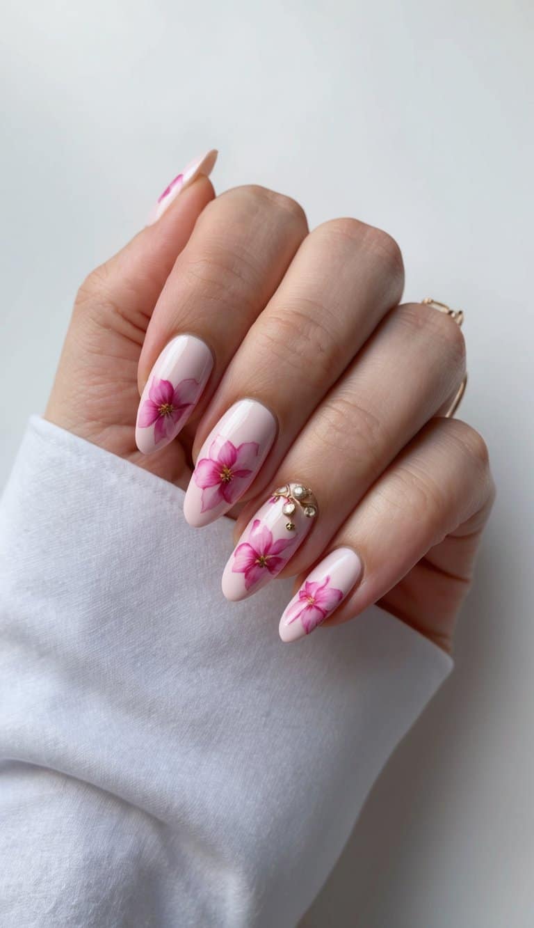 A close-up of pink flower nail art on a white background with delicate and charming details