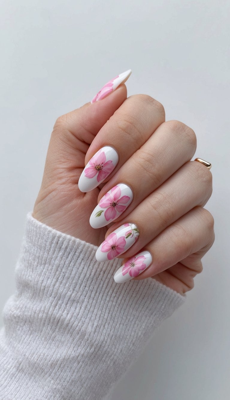 A close-up of pink flower nail art designs on a white background, showcasing delicate and charming details