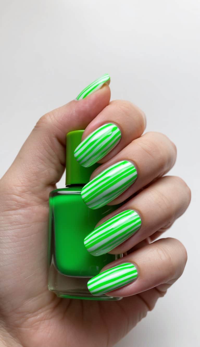 Neon green fun lines swirl and intersect, creating festive St. Patrick's Day nail art