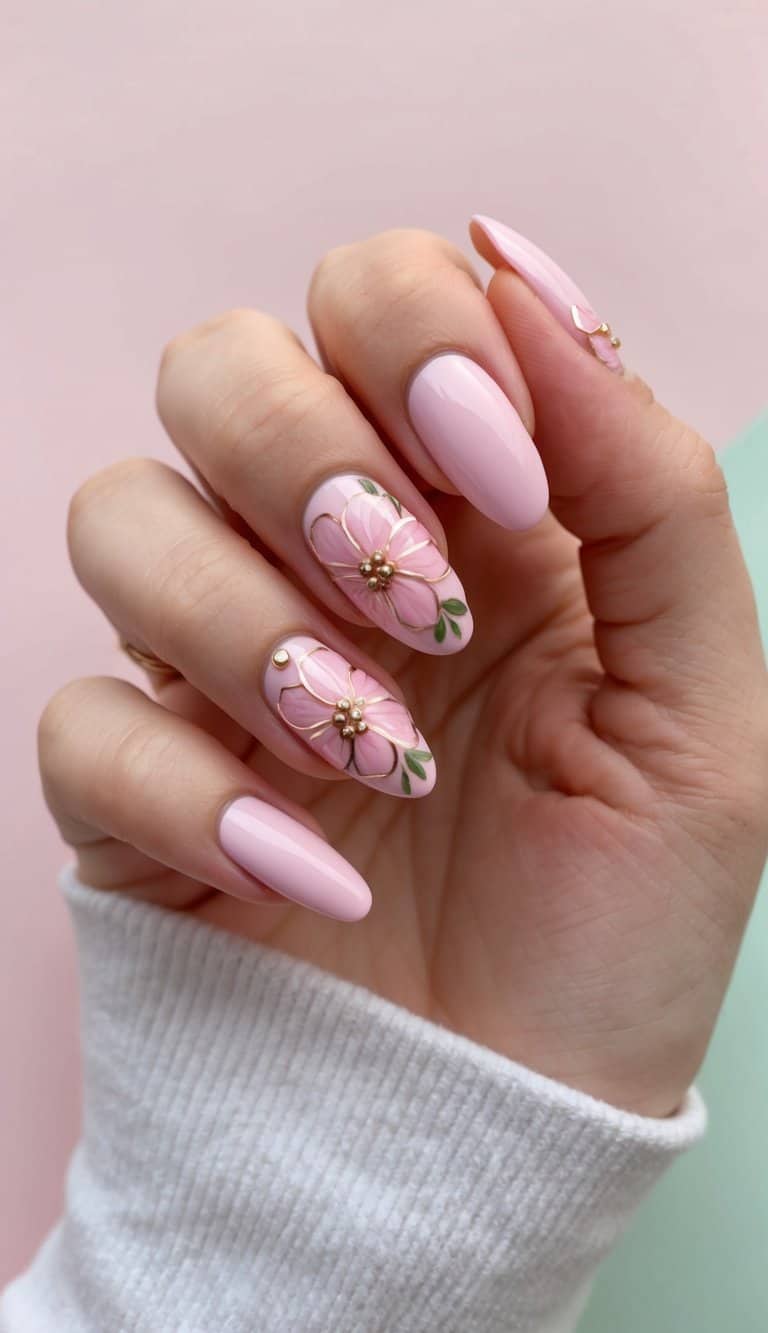A close-up of pink flower nail art on a pastel background, with intricate and charming details