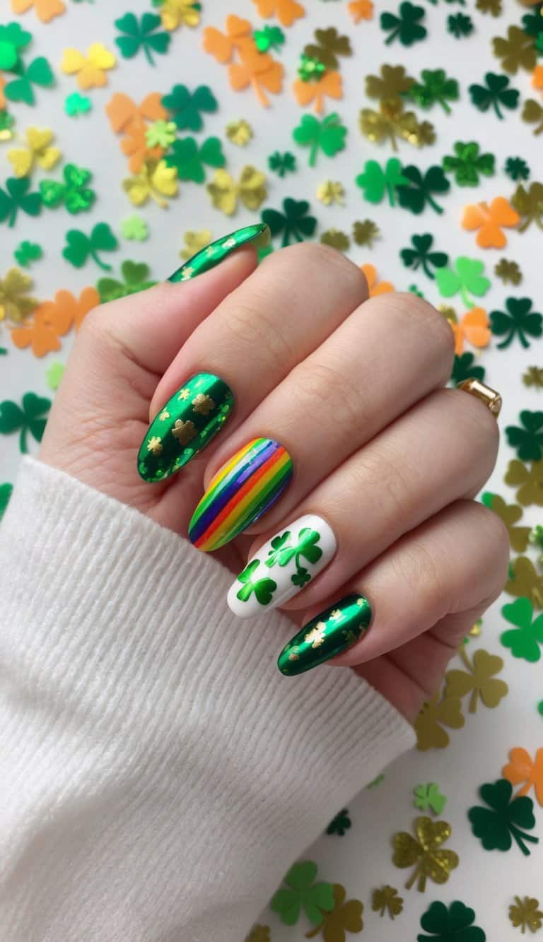 A kaleidoscope of colorful St. Patrick's Day nail art designs displayed on a festive background