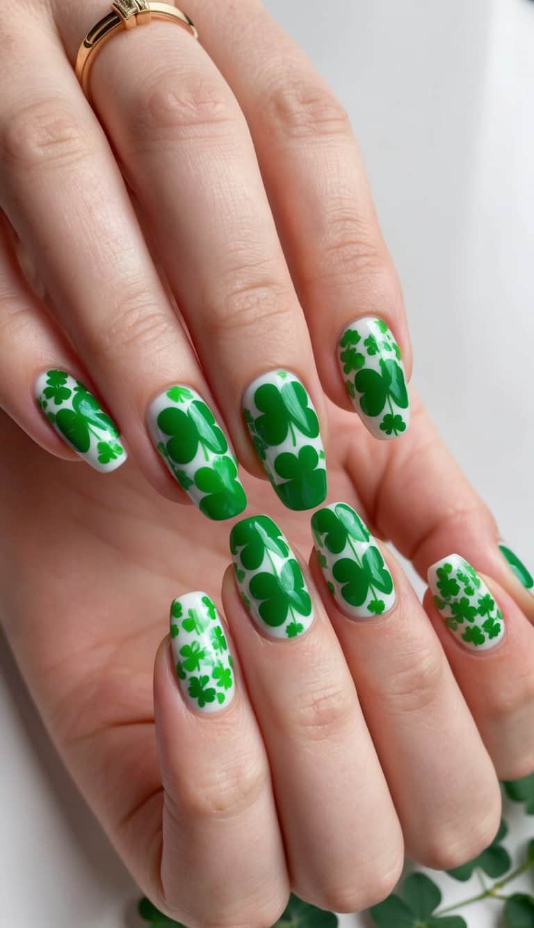 A close-up of green clover patterns on nails, with festive St. Patrick's Day elements