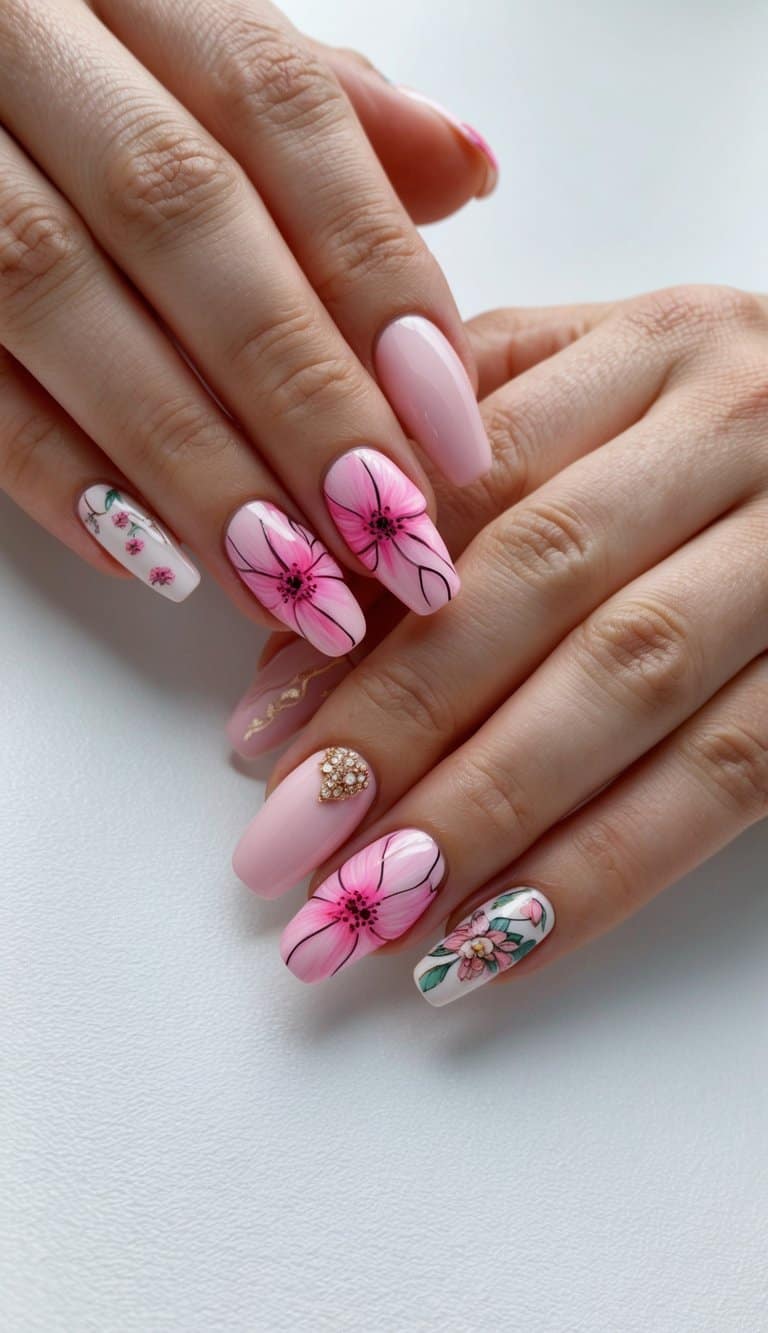 A close-up of pink flower nail art on a white background with various designs and patterns