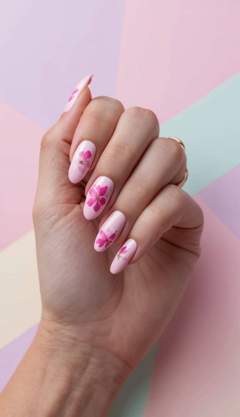 A close-up of pink flower nail art on a pastel background, with delicate and charming details