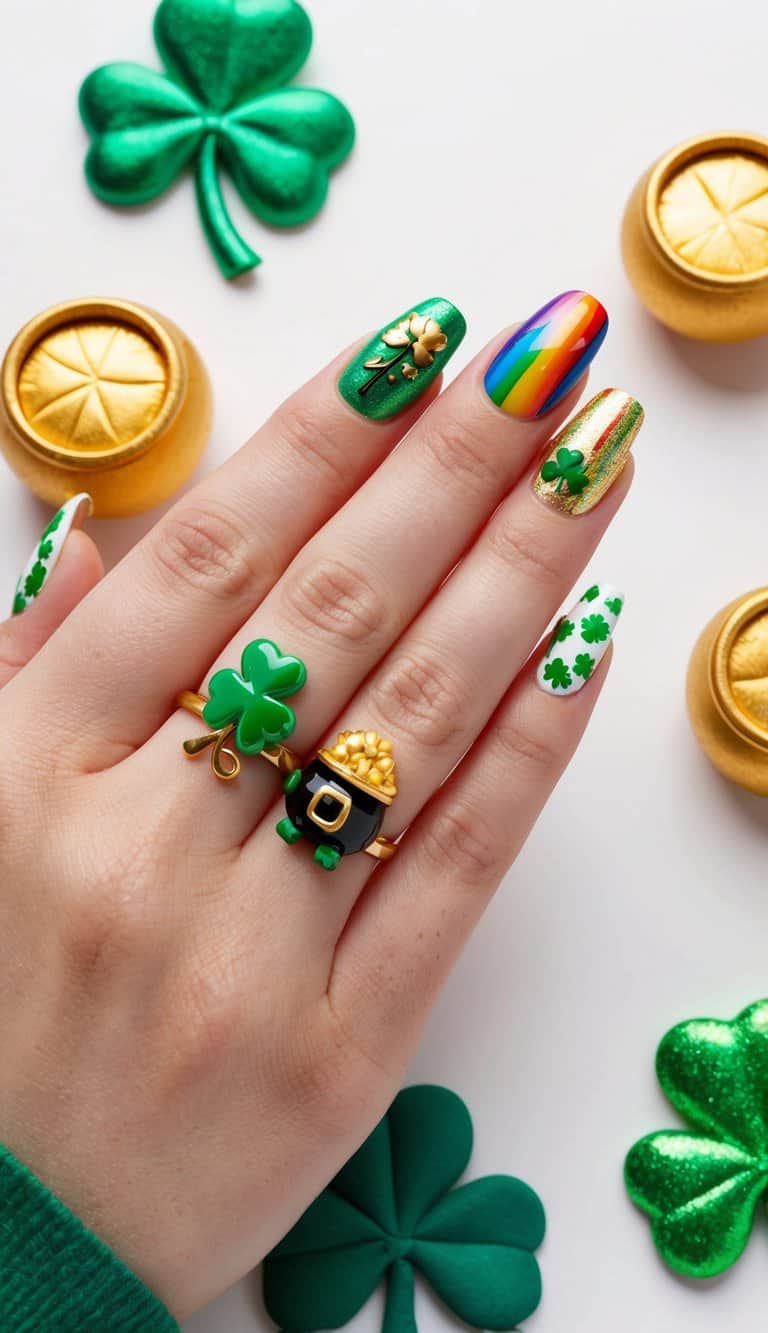 A colorful array of St. Patrick's Day-themed nail art designs, featuring shamrocks, rainbows, leprechauns, and pots of gold