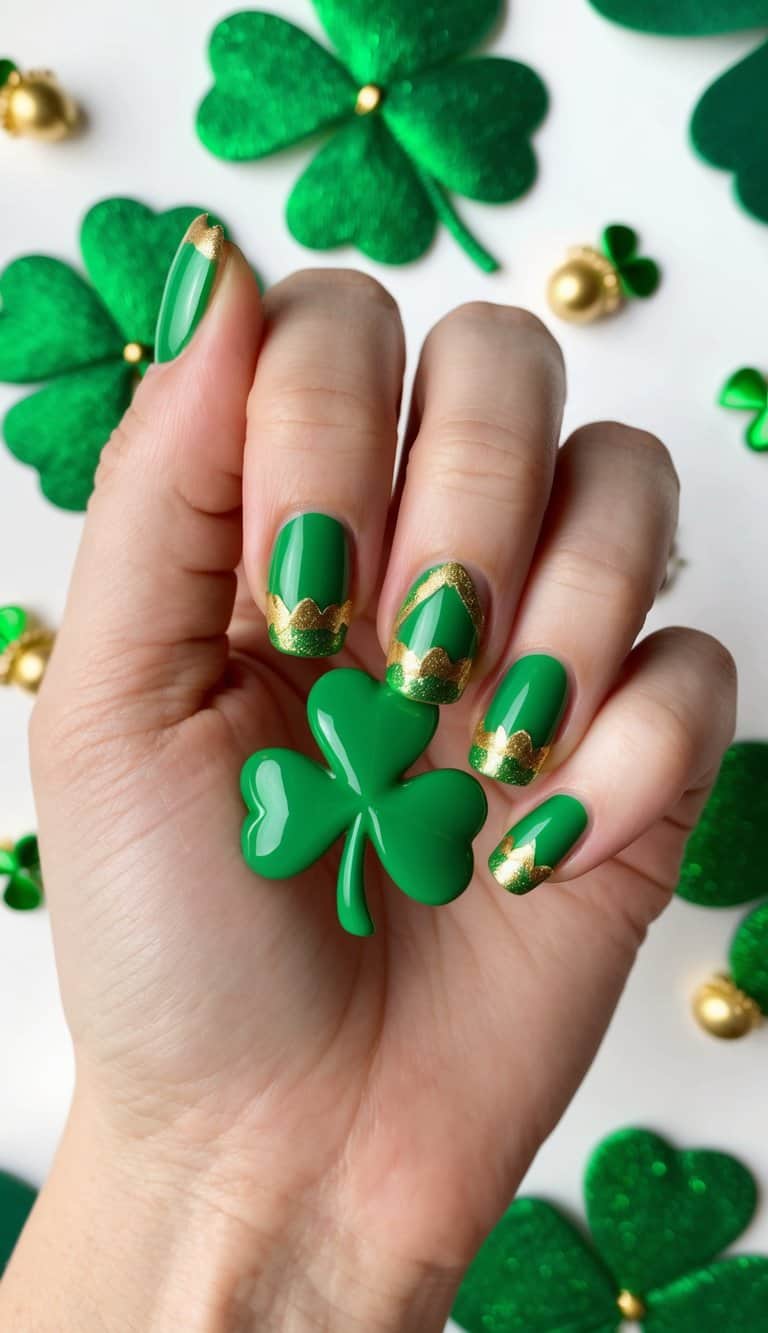 A four-leaf clover and a heart intertwined, surrounded by green and gold accents, set against a festive St. Patrick's Day background