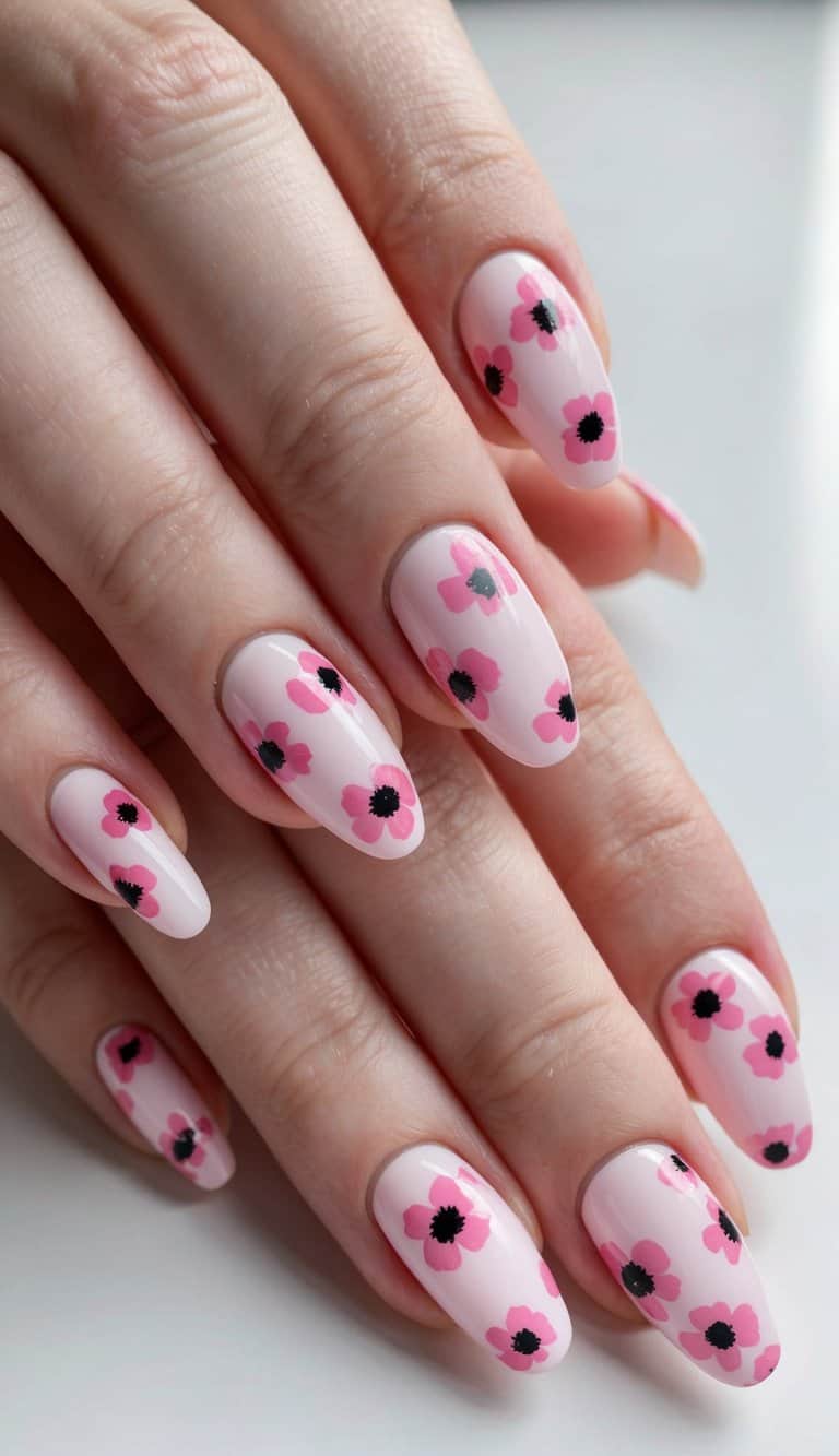 A close-up of pink poppy patterns adorning a set of delicate and charming pink flower nail art designs