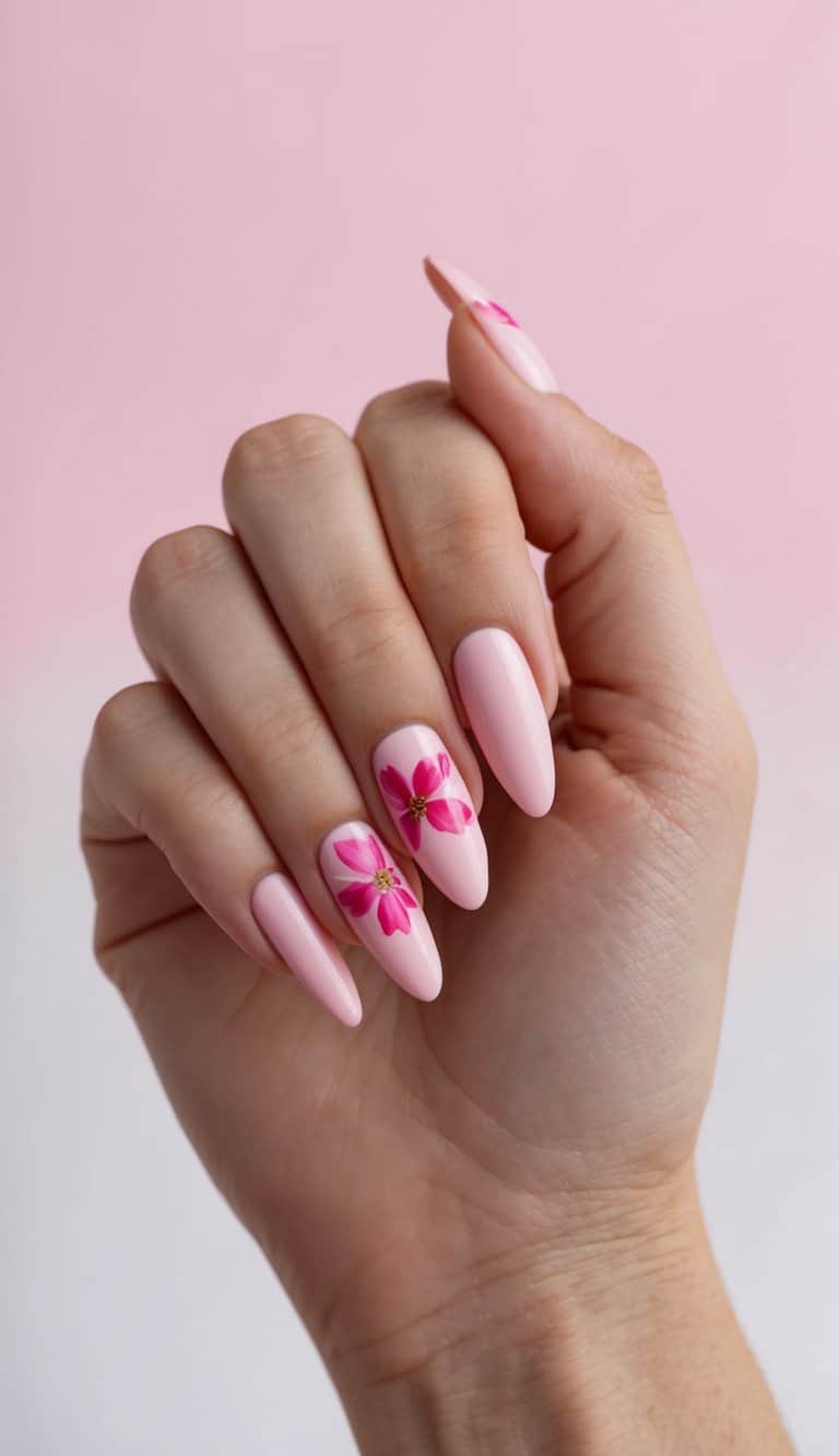 A close-up of pink flower nail art on a pale pink background