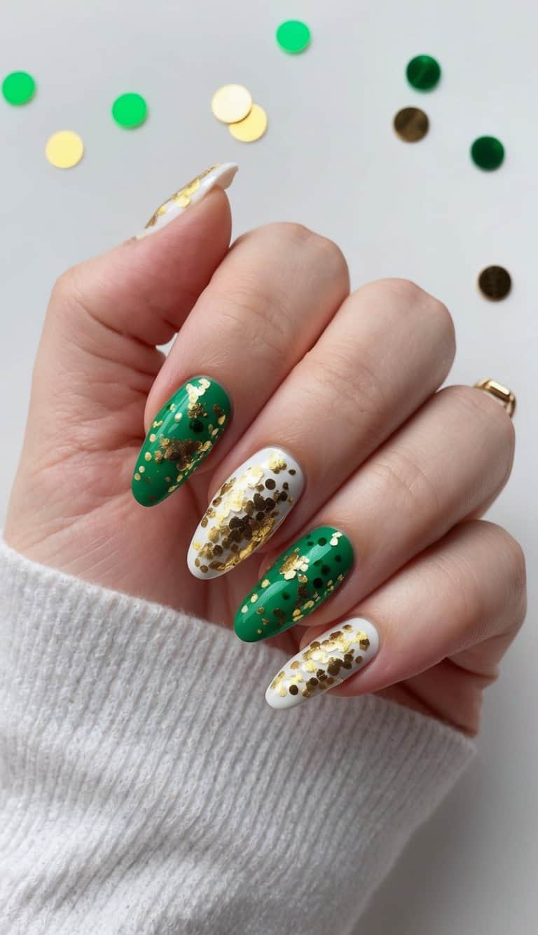 A festive St. Patrick’s Day nail art design with gold confetti highlights