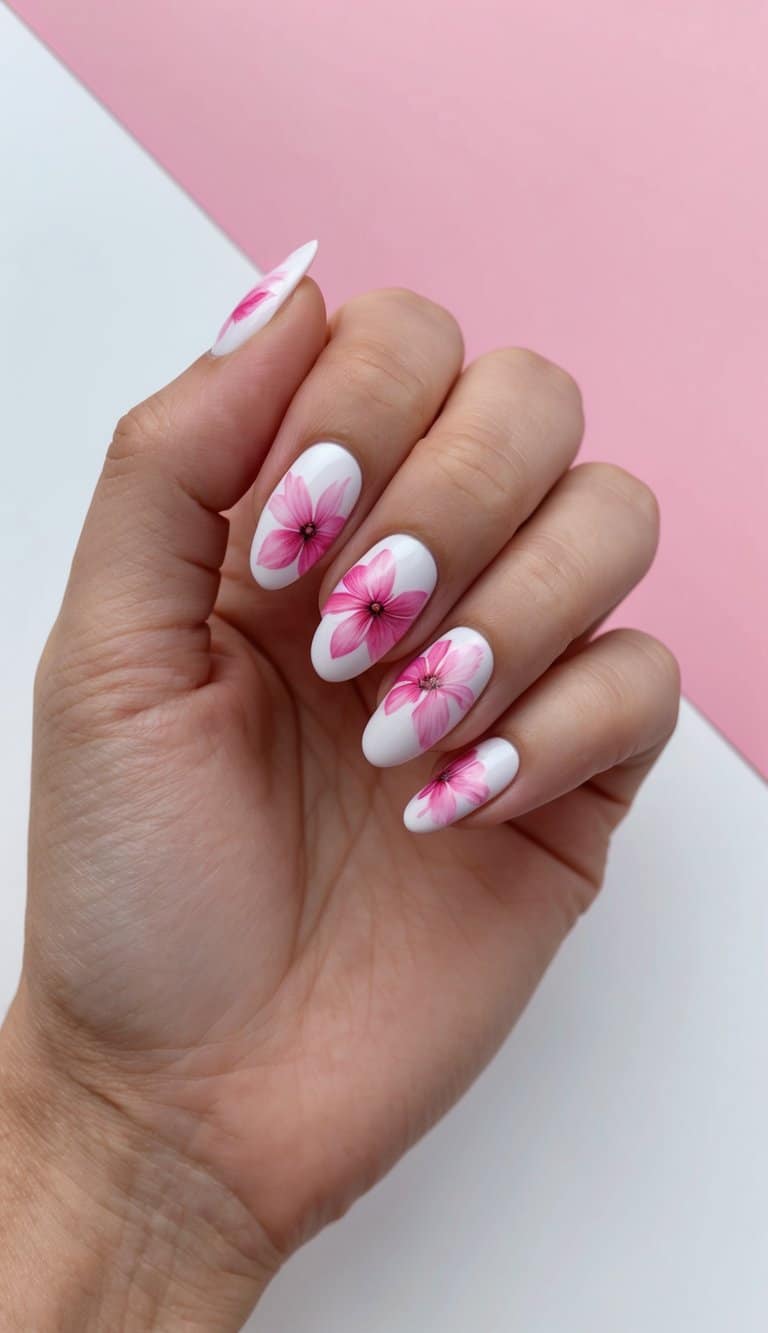 A close-up of pink flower nail art designs on a pastel background