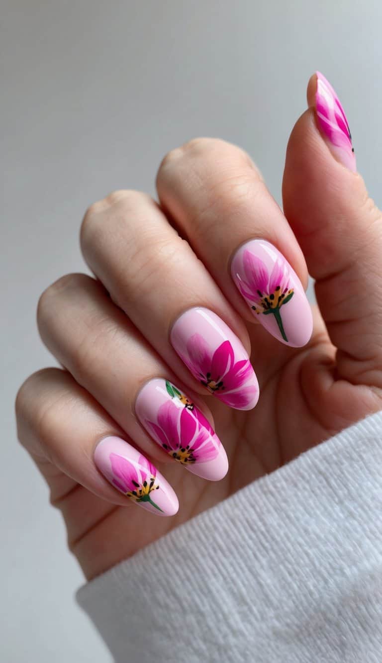 A close-up view of pink flower nail art on a hand. Delicate petals with vibrant colors and intricate details
