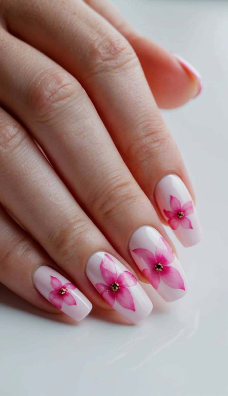 A close-up of pink flower nail art on a clean, manicured surface