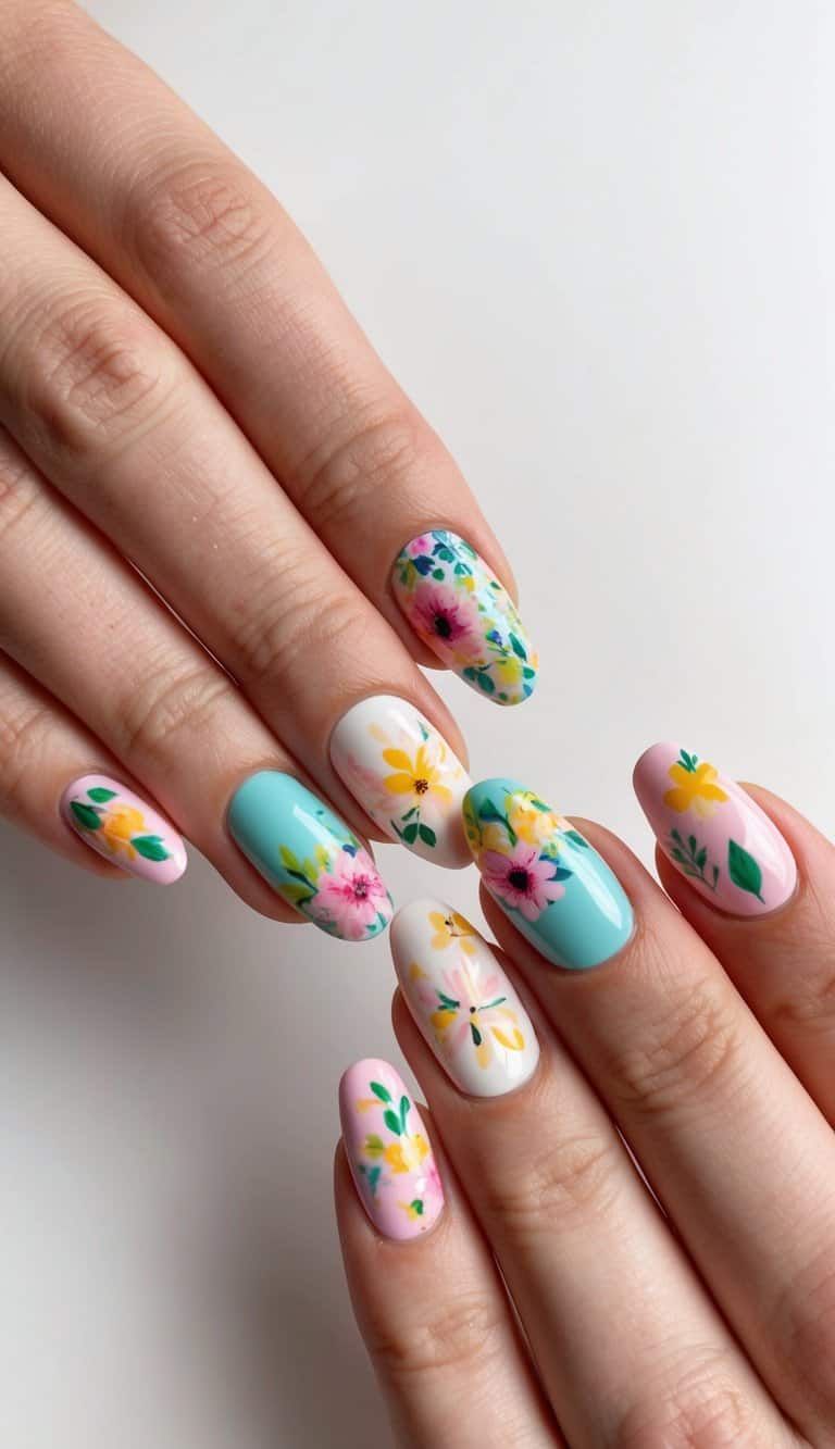 A colorful array of spring nail art designs featuring floral patterns, pastel colors, and vibrant accents