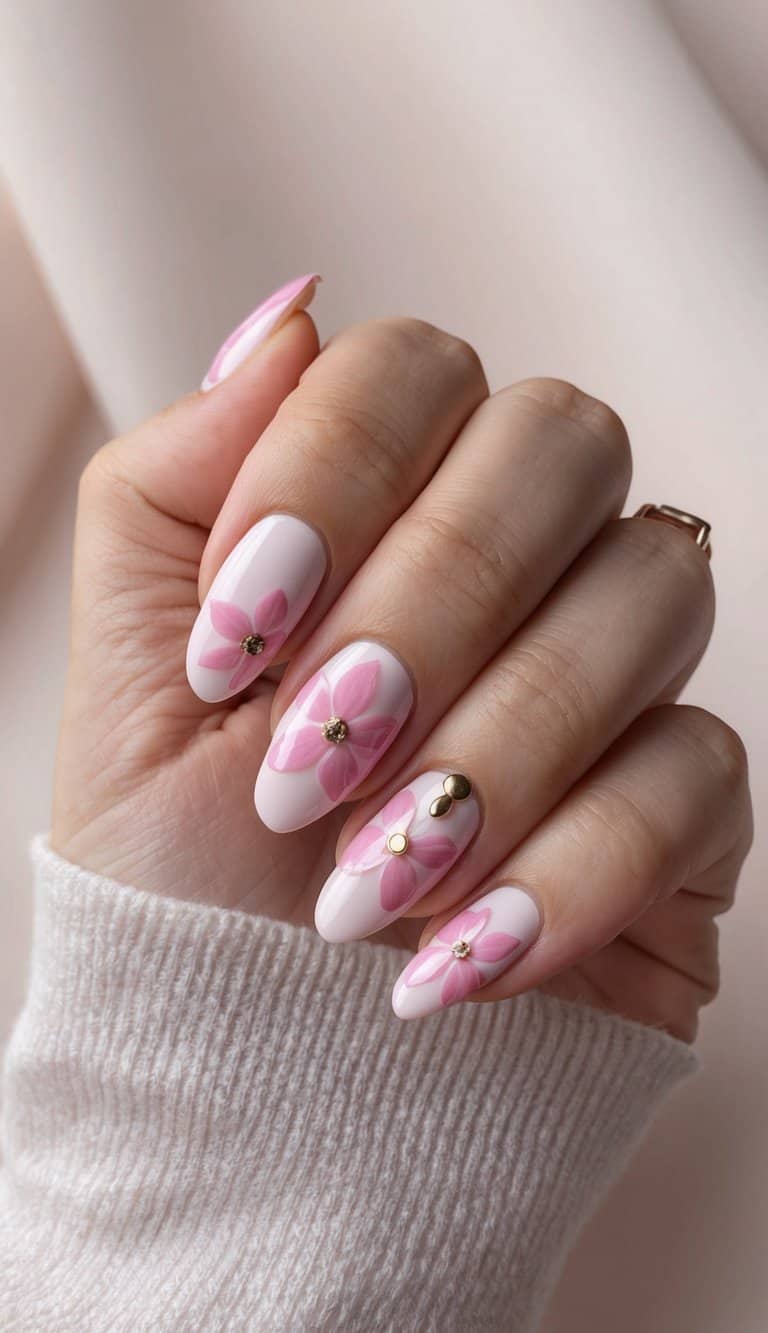 A close-up of pink flower nail art on a soft, pastel background