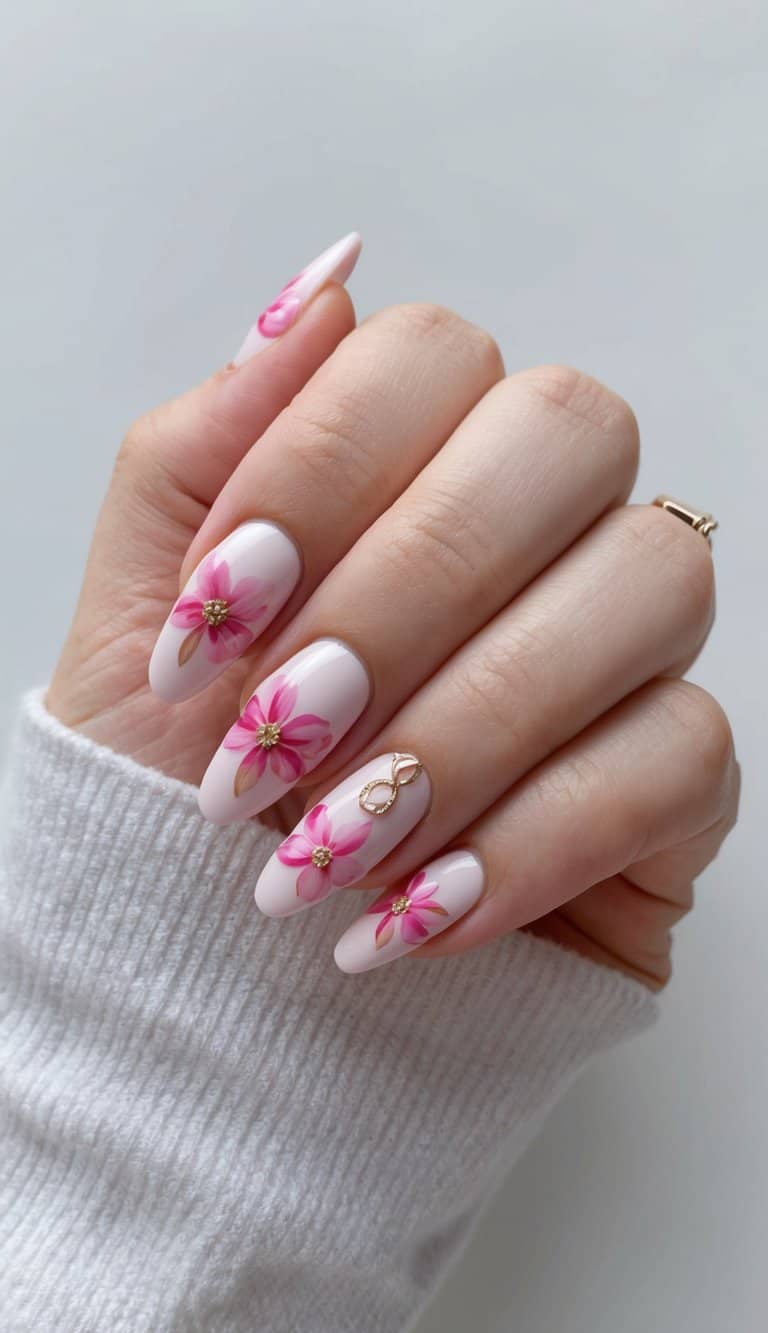 A close-up of pink flower nail art on a white background, showcasing delicate and charming designs