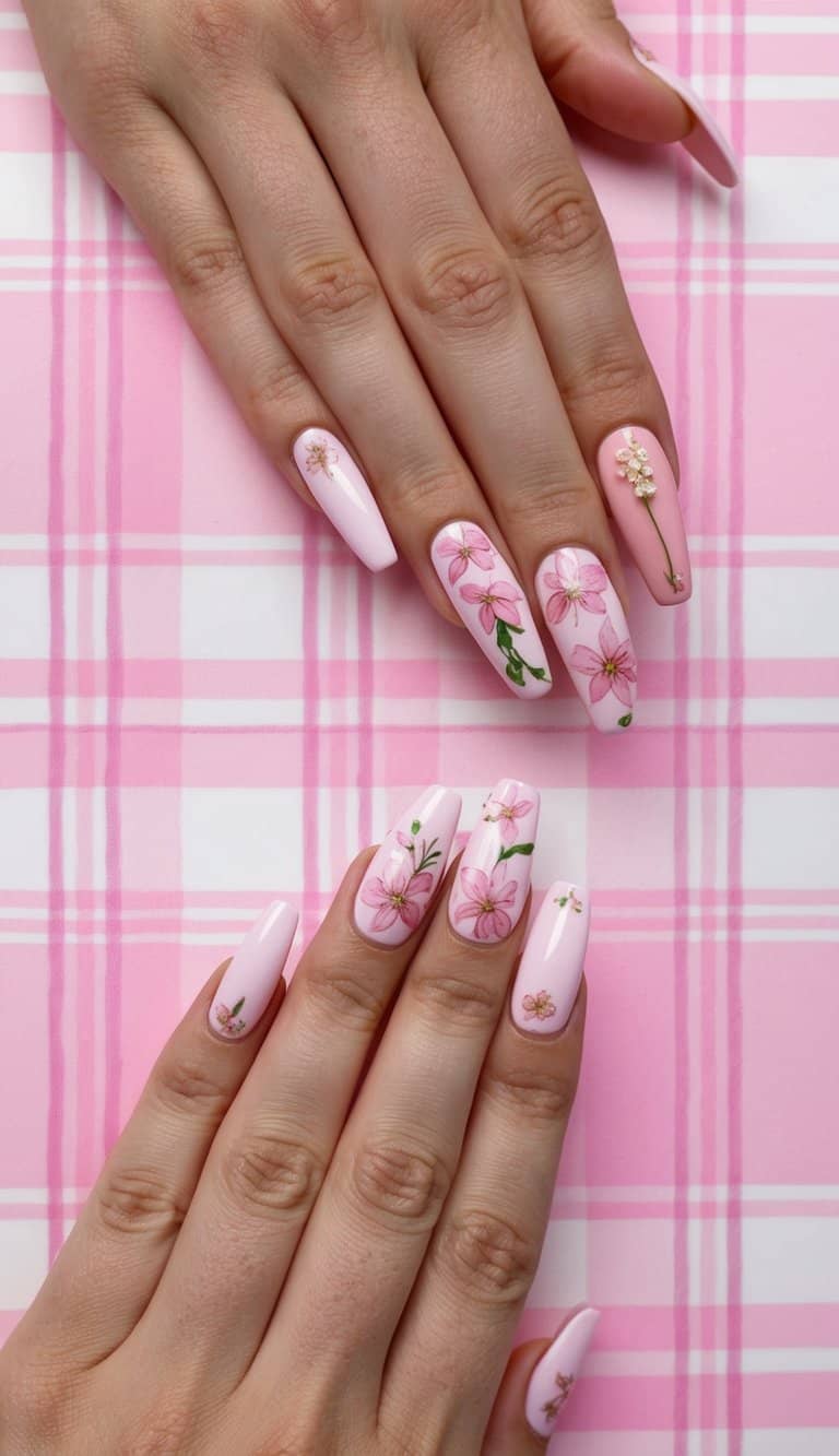 A pink plaid background with 50 delicate pink flower nail art designs arranged in a charming and elegant display