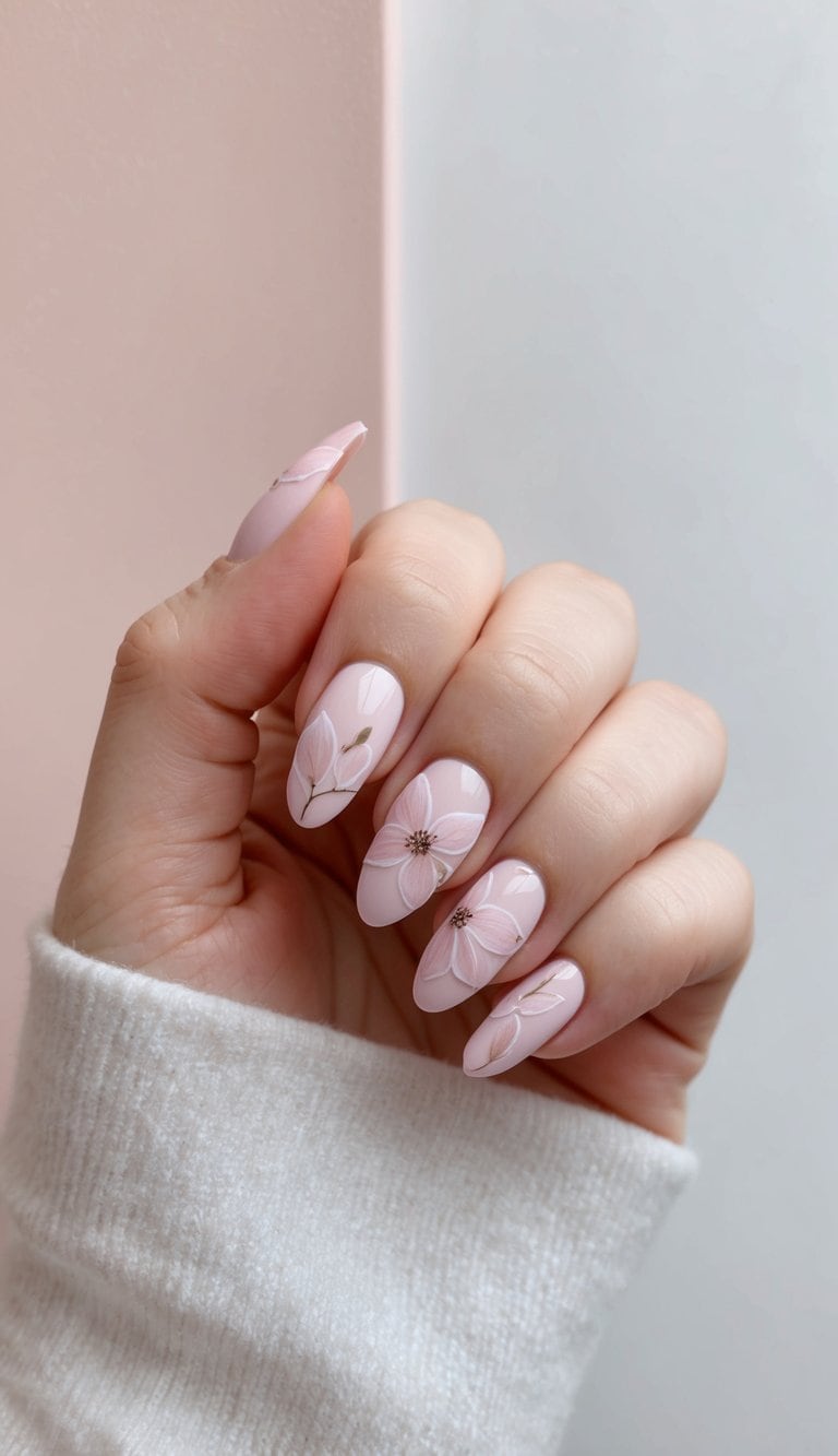A serene and elegant pink flower nail art design, with delicate petals and intricate details, set against a soft, pastel background