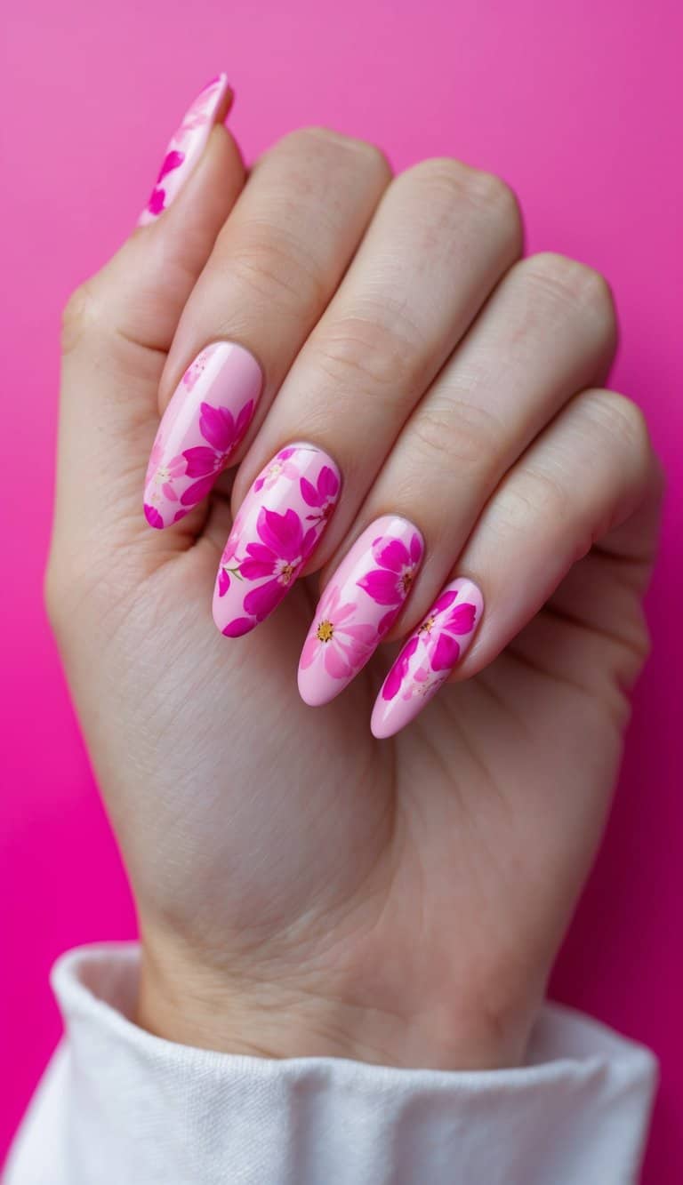 A close-up of pink floral nail art on a fuchsia background, showcasing delicate and charming designs