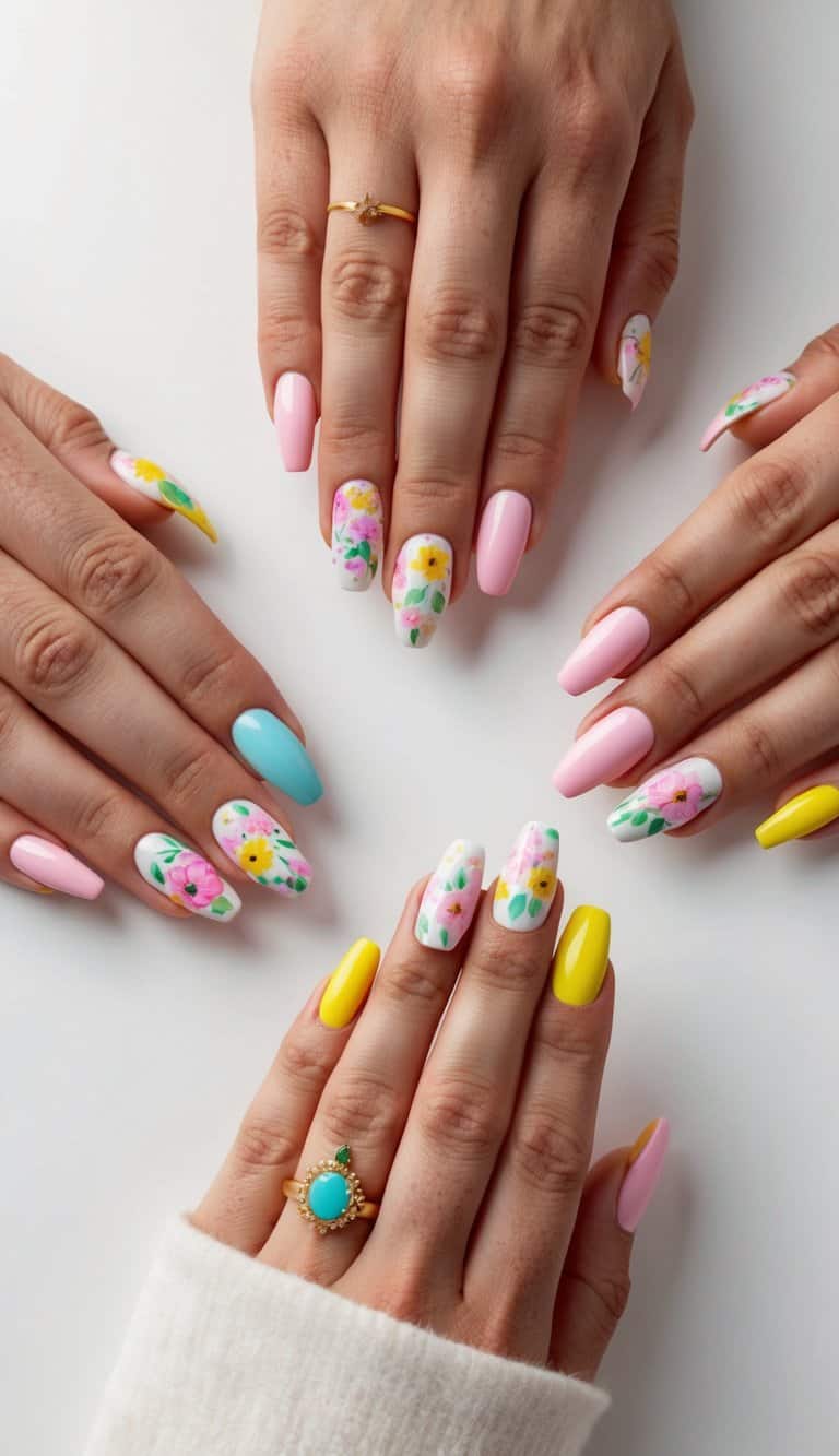 A collection of vibrant spring nail art designs featuring floral patterns and pastel colors, displayed on a clean, white background