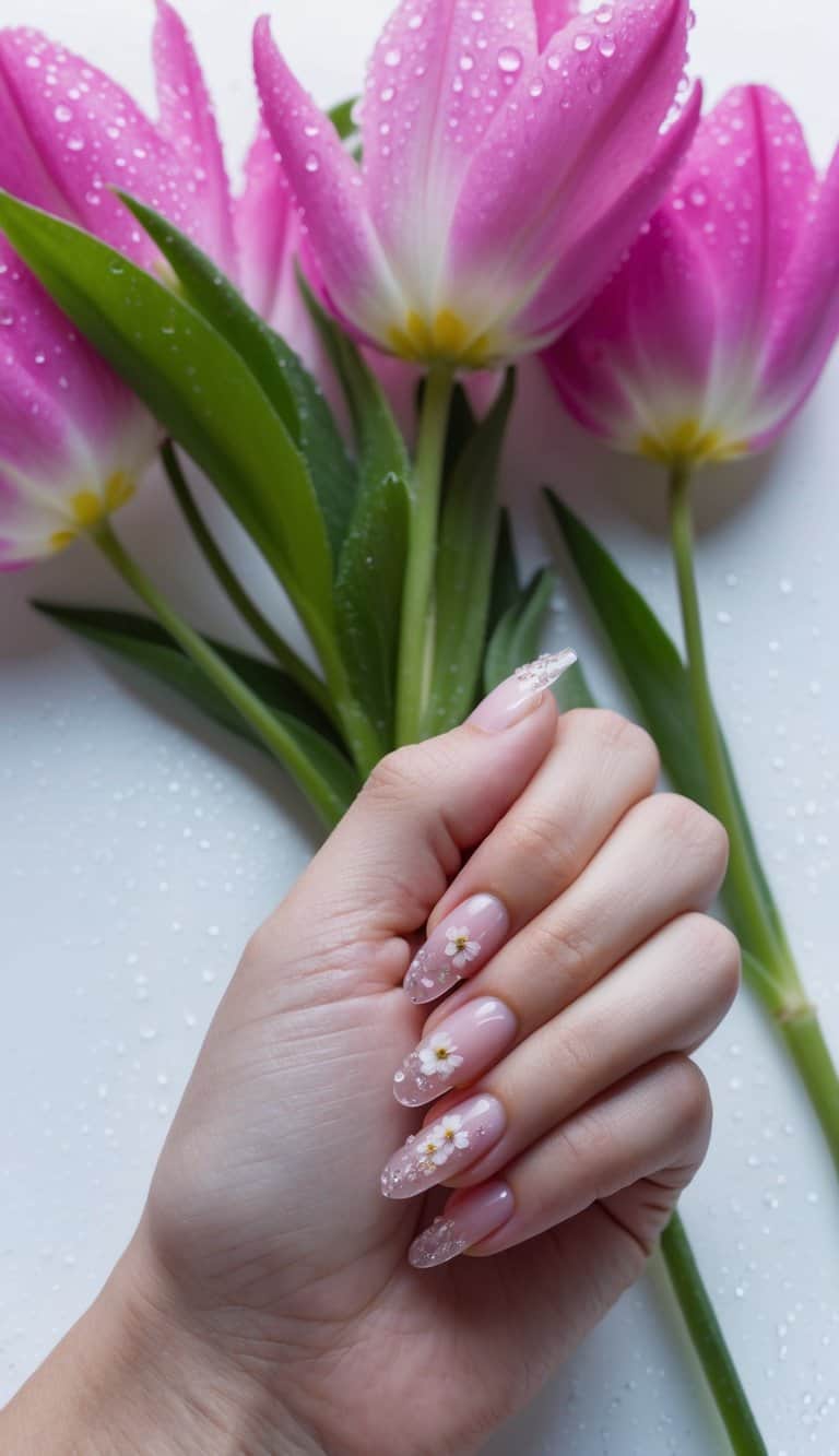 A dewy morning scene with vibrant spring flowers and fresh dewdrops glistening on the petals