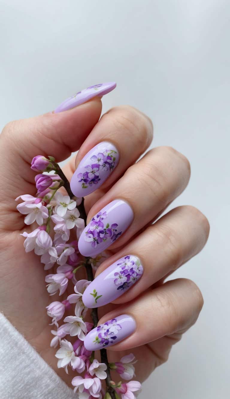 Soft lilac blossoms cascading across a vibrant spring nail art design